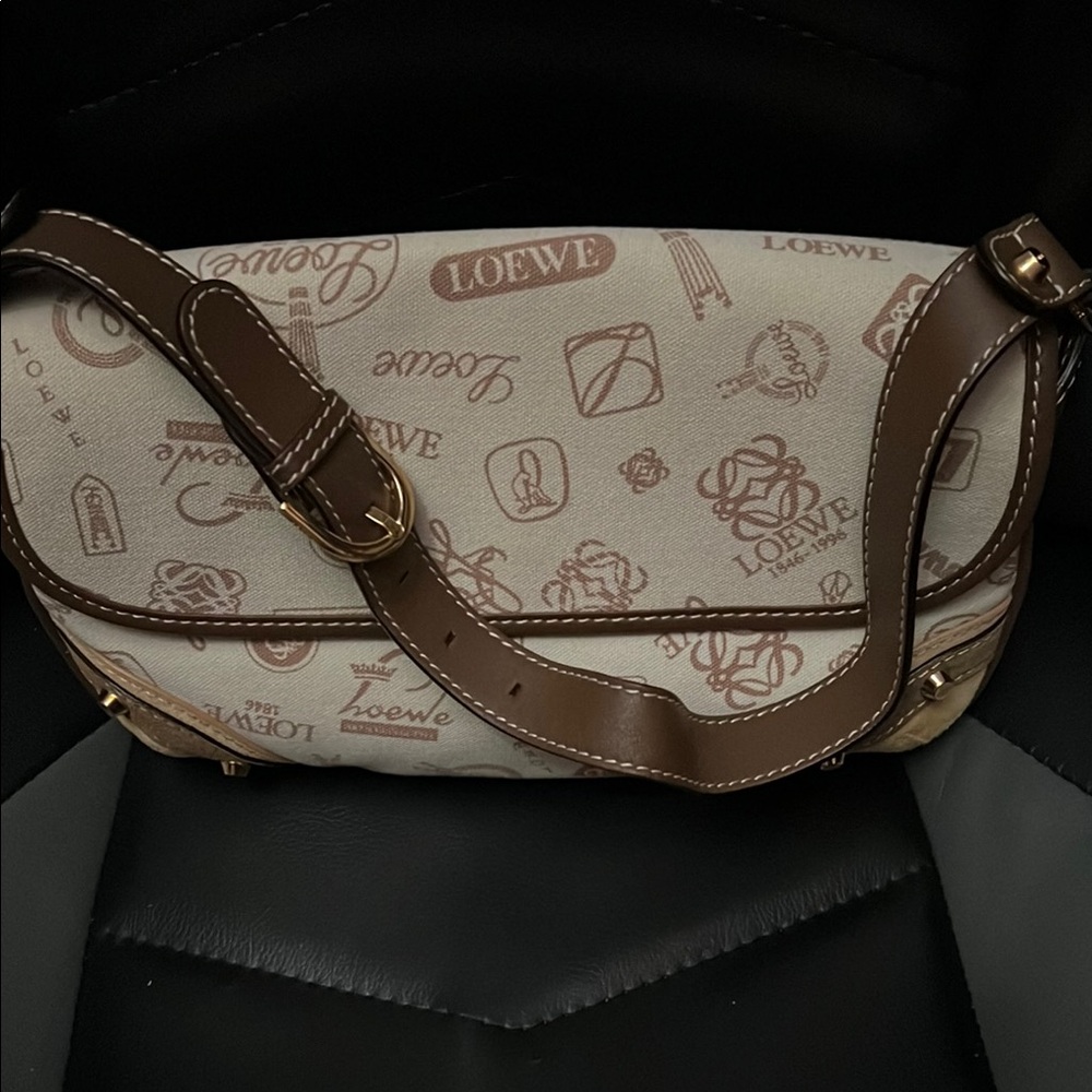 Loewe Cream Canvas Shoulder Bag with Brown Leather Trim